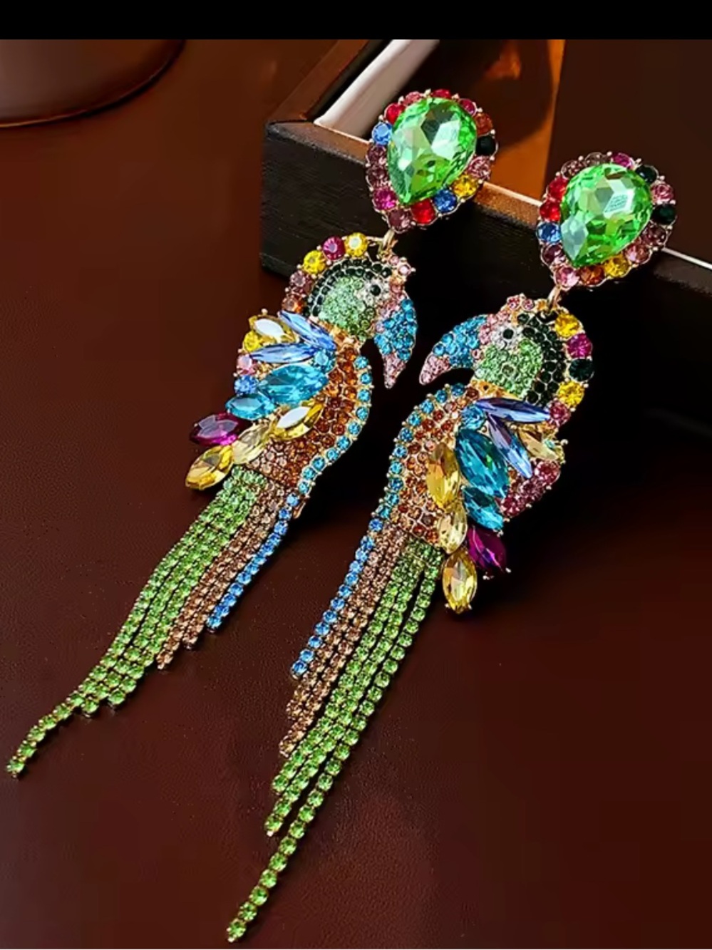 Statement Crystal Parrot Earrings | Colorful Rhinestone Drop / Tropical Jewelry - Picture 3 of 6